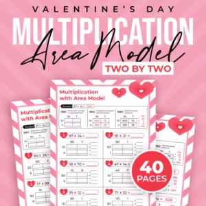 Valentine's Day Math: 2x2 Multiplication with Area Model - 40 Worksheets