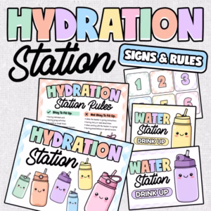 Hydration Station Sign, Rules - Water Bottles Labels - Gingham Classroom Decor