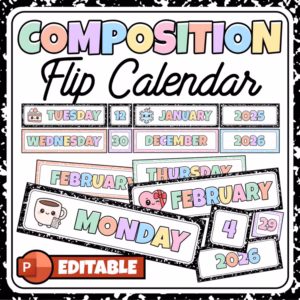 Composition Notebook Flip Calendar 2025 2026 Editable Chart | Date Flip Cards