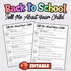 Tell me About Your Child Parent Form | Student Information Sheet to Fill Out