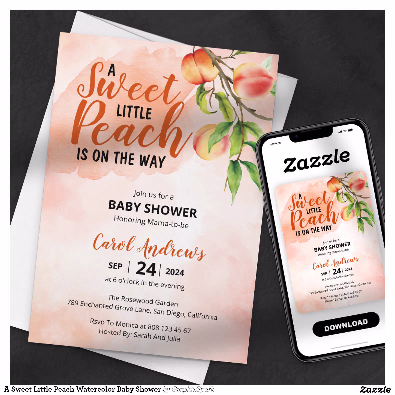A Sweet Little Peach Watercolor Baby Shower Invitation