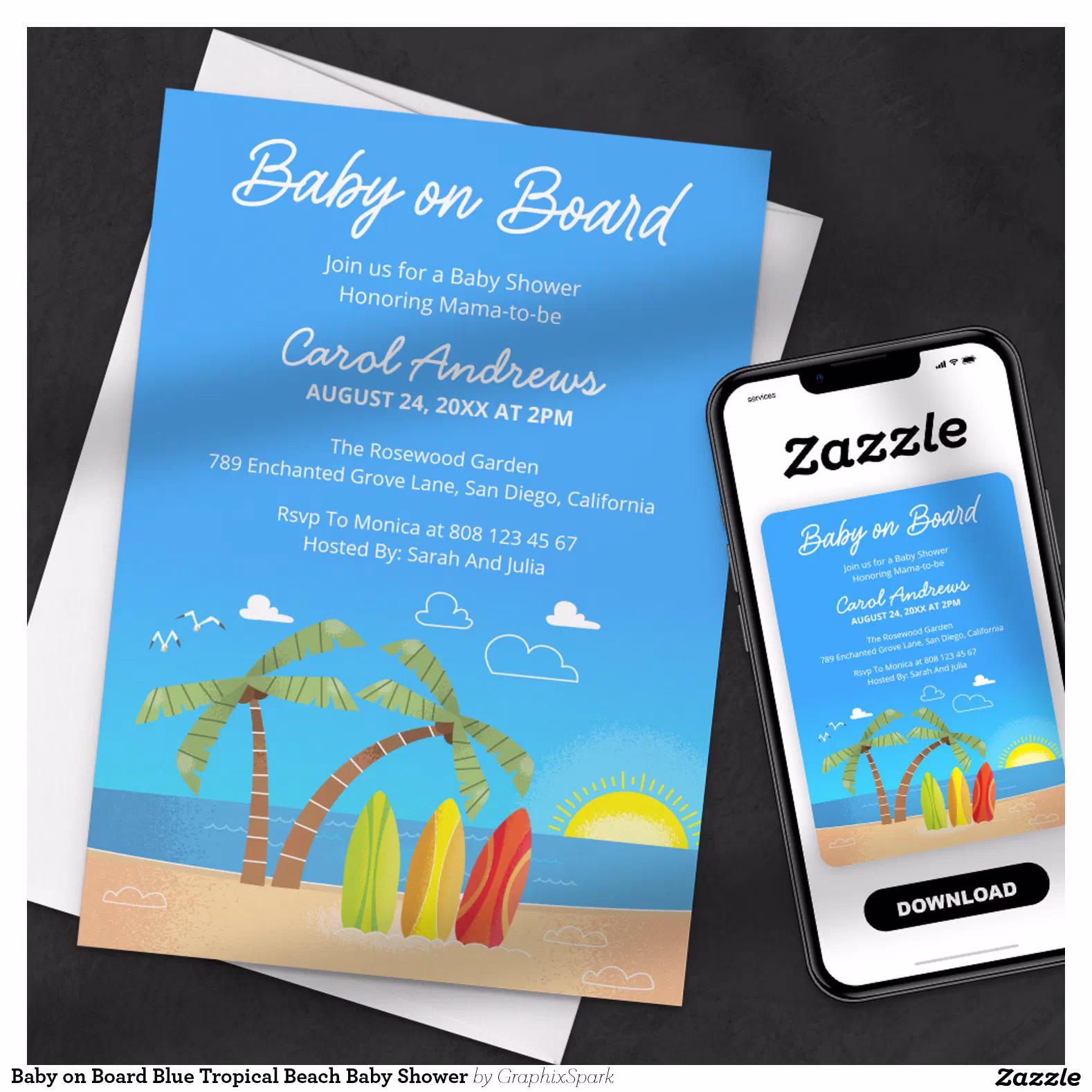 Baby on Board Blue Tropical Beach Baby Shower Invitation