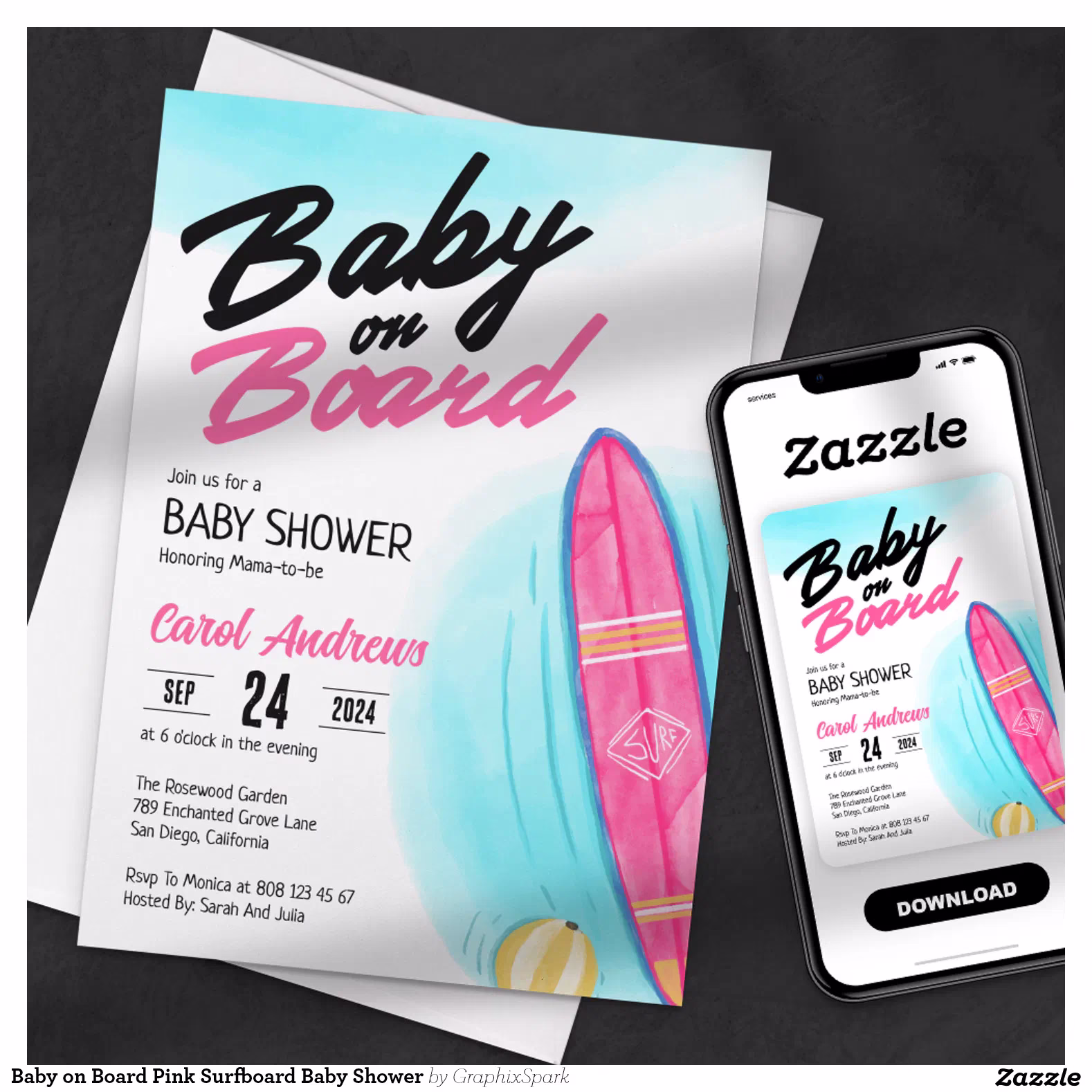 Baby on Board Pink Surfboard Baby Shower Invitation