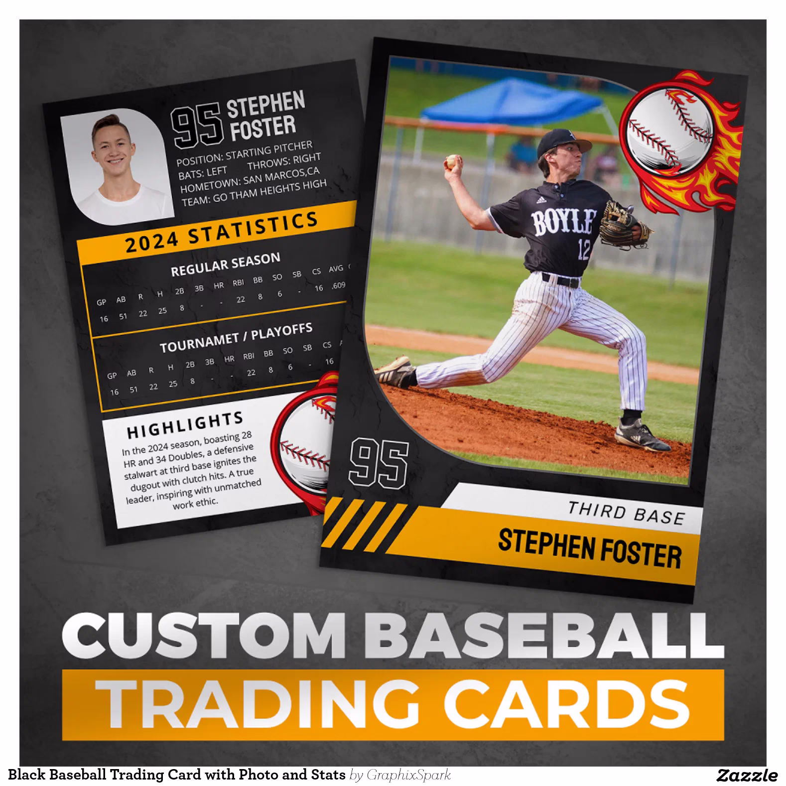 Black Baseball Trading Card with Photo and Stats