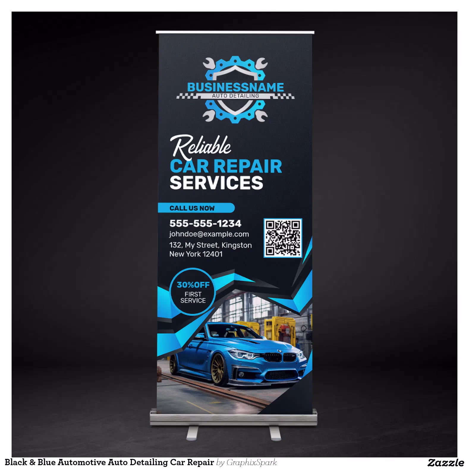 Black & Blue Automotive Auto Detailing Car Repair Retractable Banner