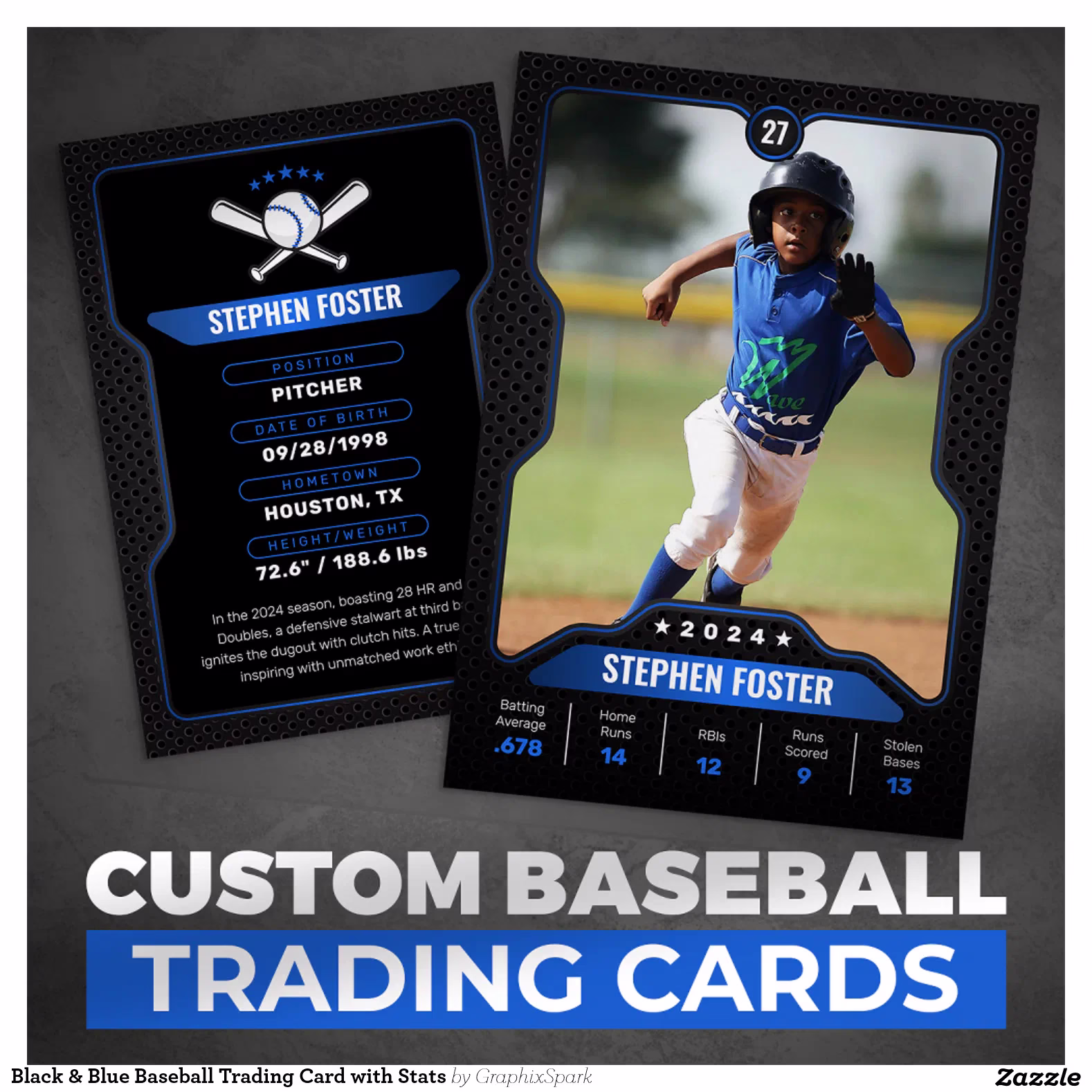 Black & Blue Baseball Trading Card with Stats
