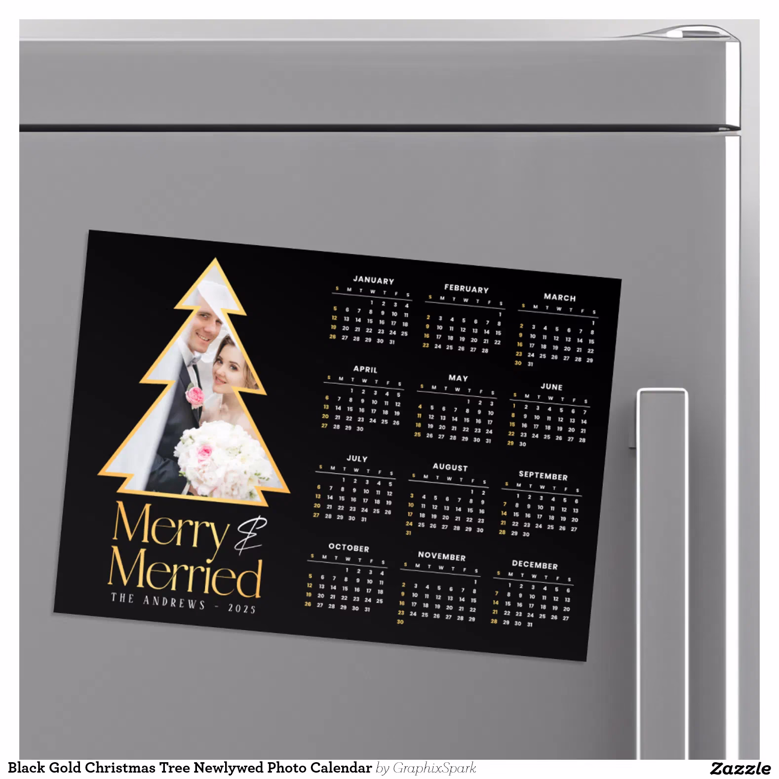 Black Gold Christmas Tree Newlywed Photo Calendar