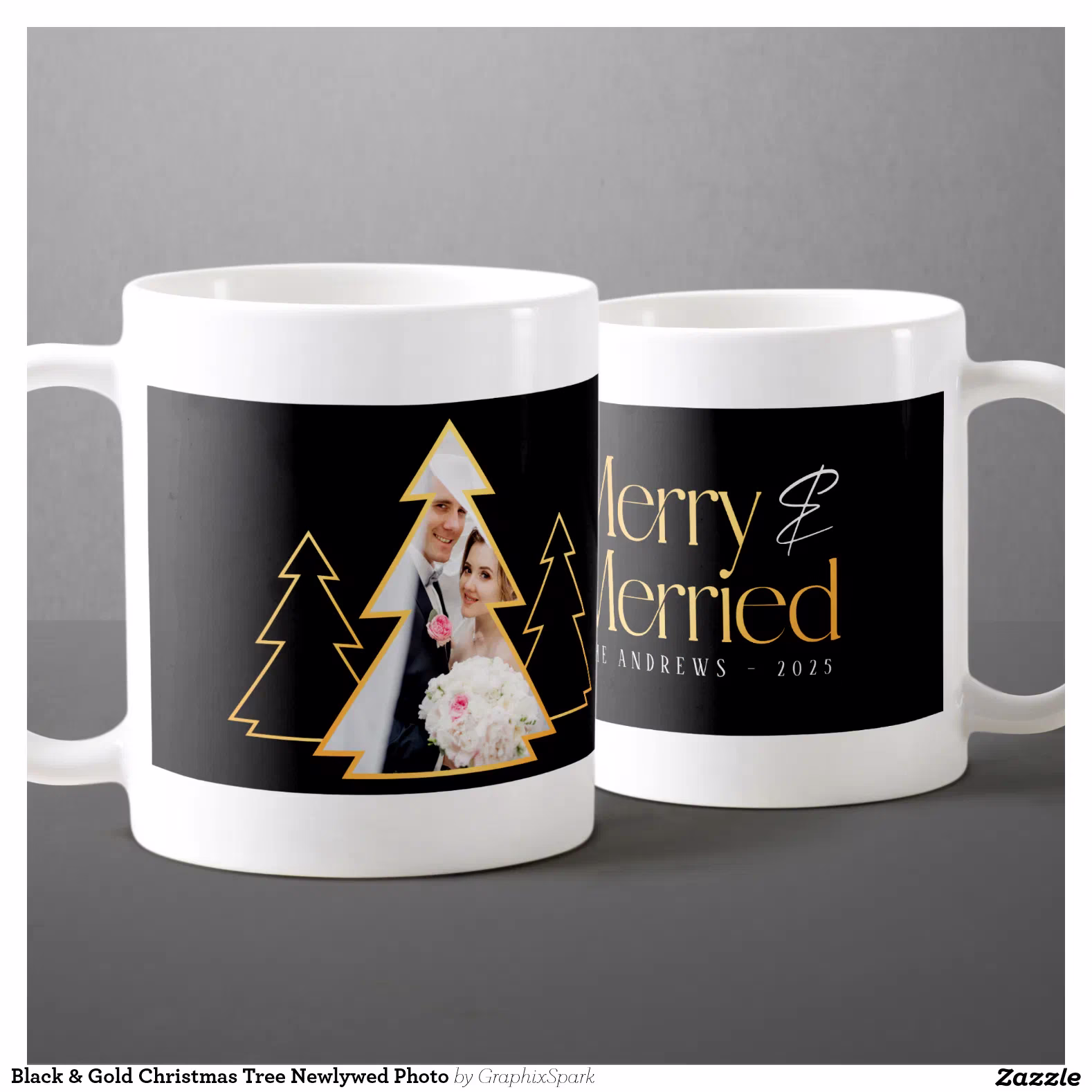 Black & Gold Christmas Tree Newlywed Photo Coffee Mug