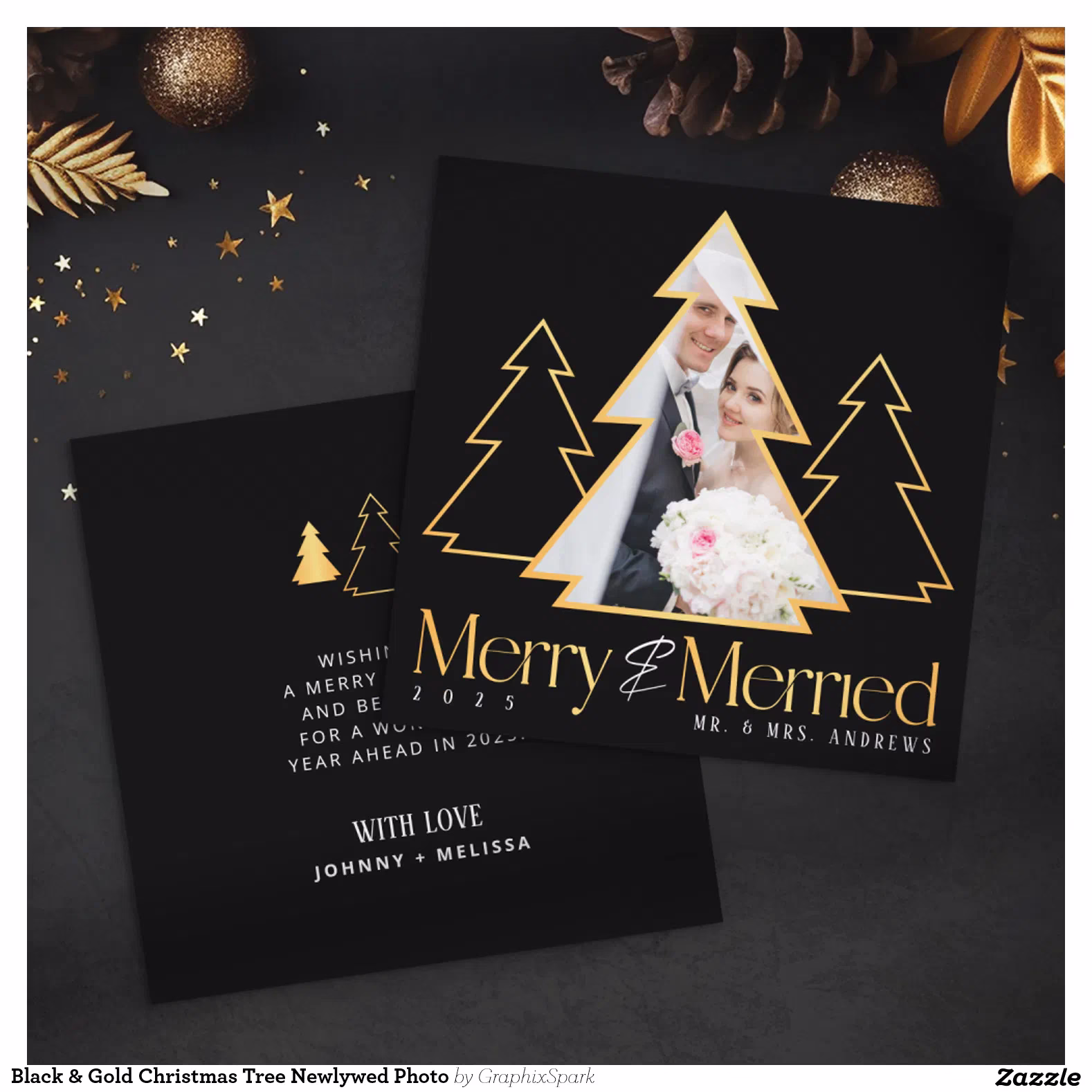 Black & Gold Christmas Tree Newlywed Photo Holiday Card