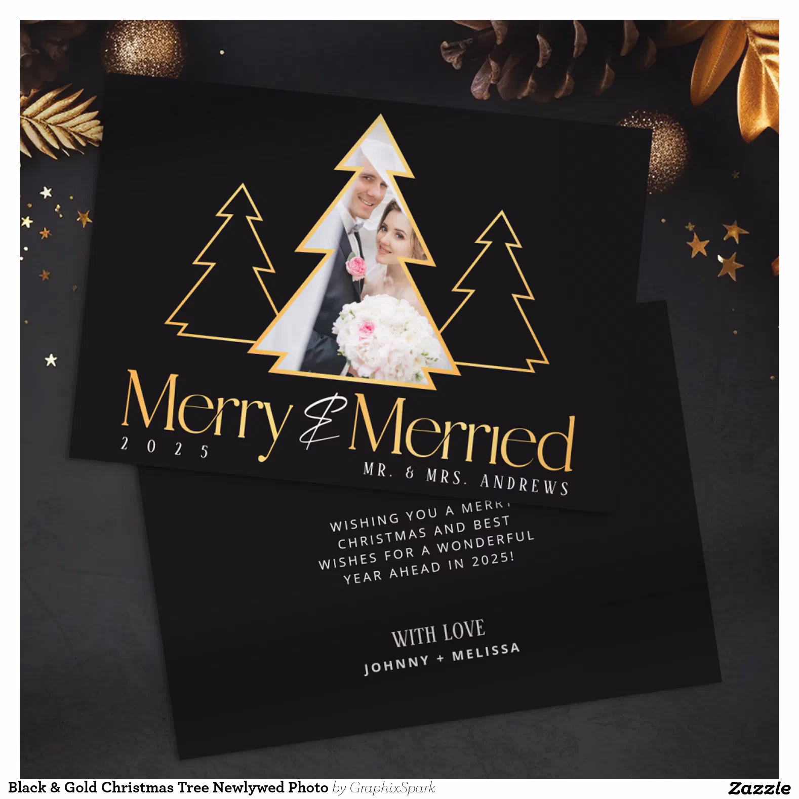 Black & Gold Christmas Tree Newlywed Photo Holiday Card