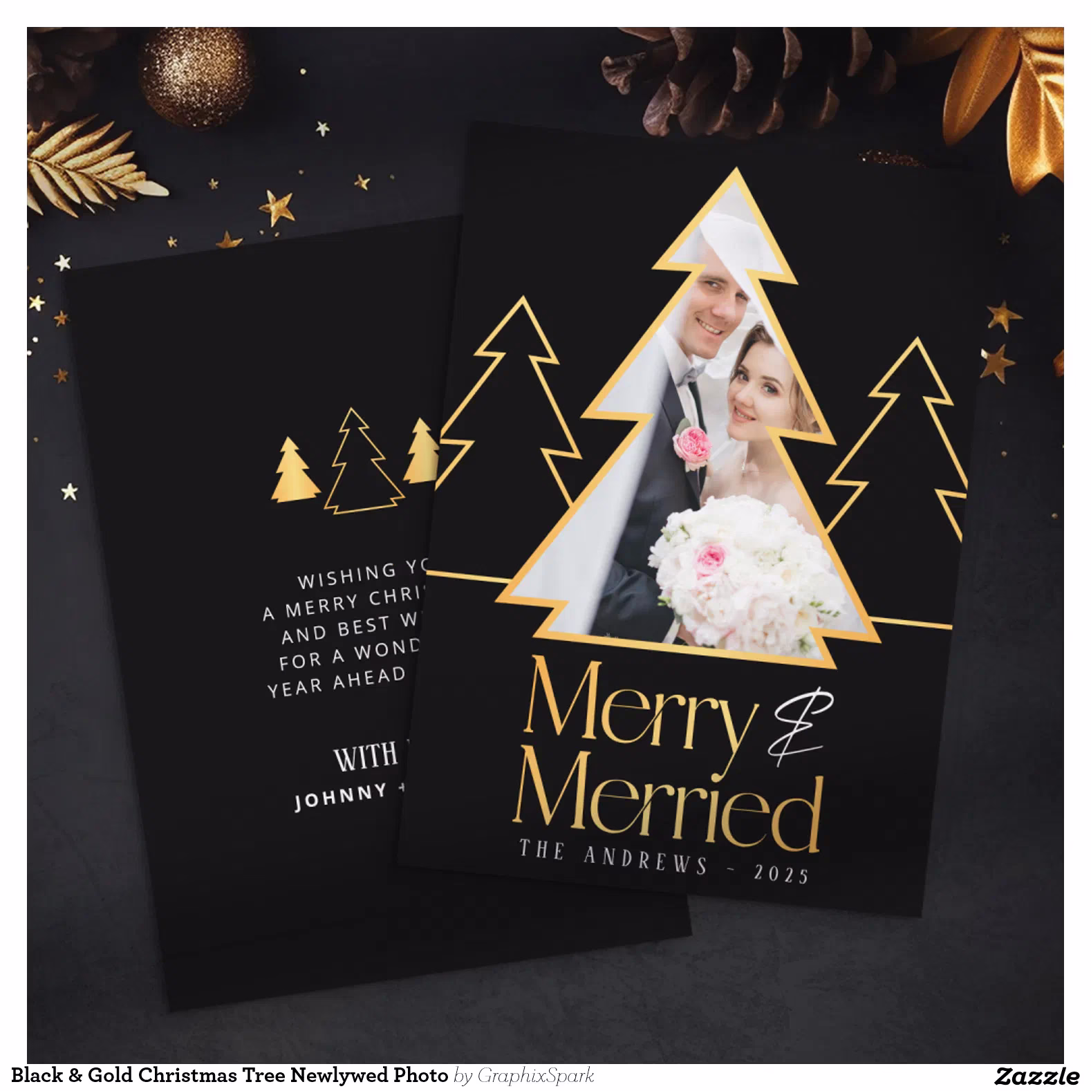Black & Gold Christmas Tree Newlywed Photo Holiday Card