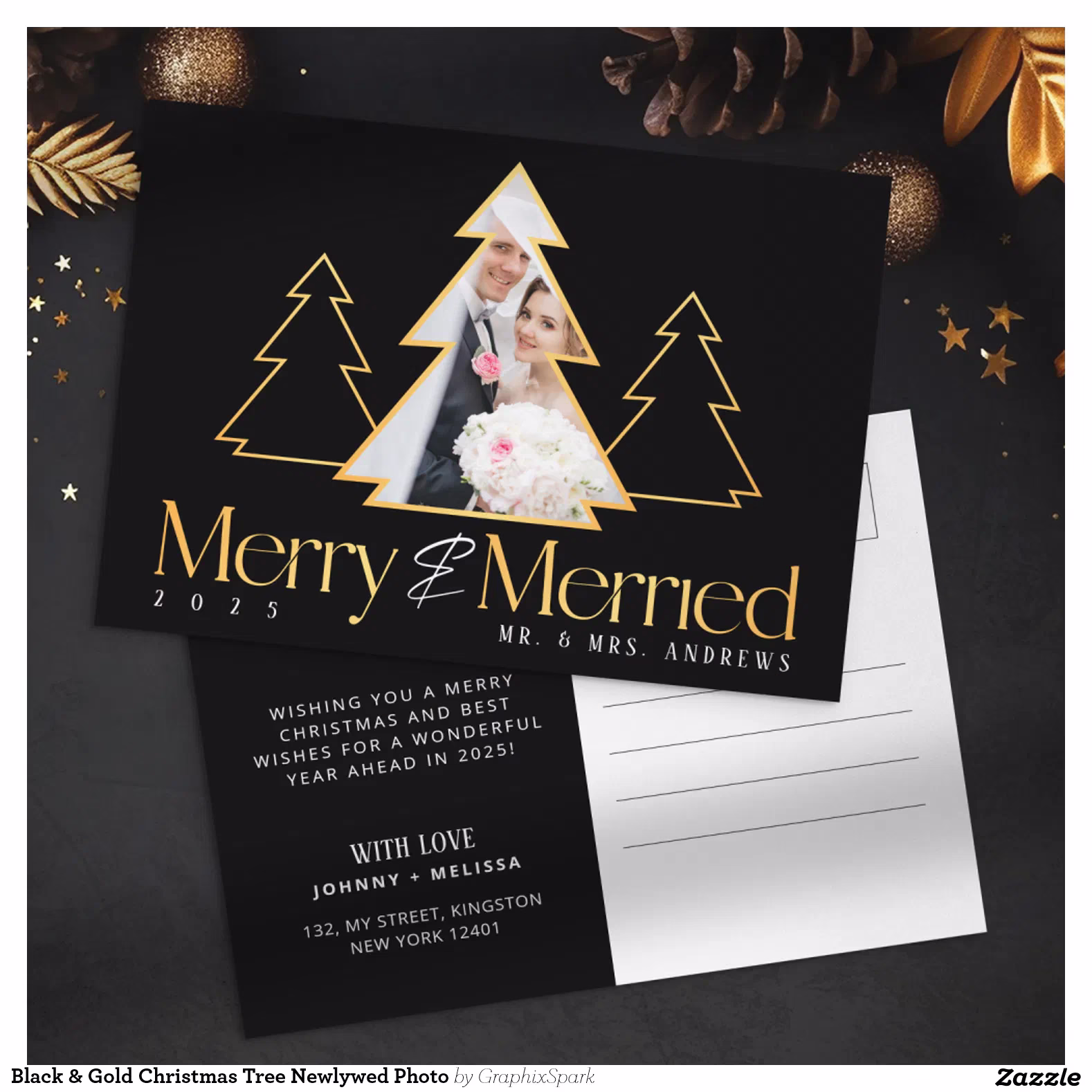 Black & Gold Christmas Tree Newlywed Photo Holiday Postcard
