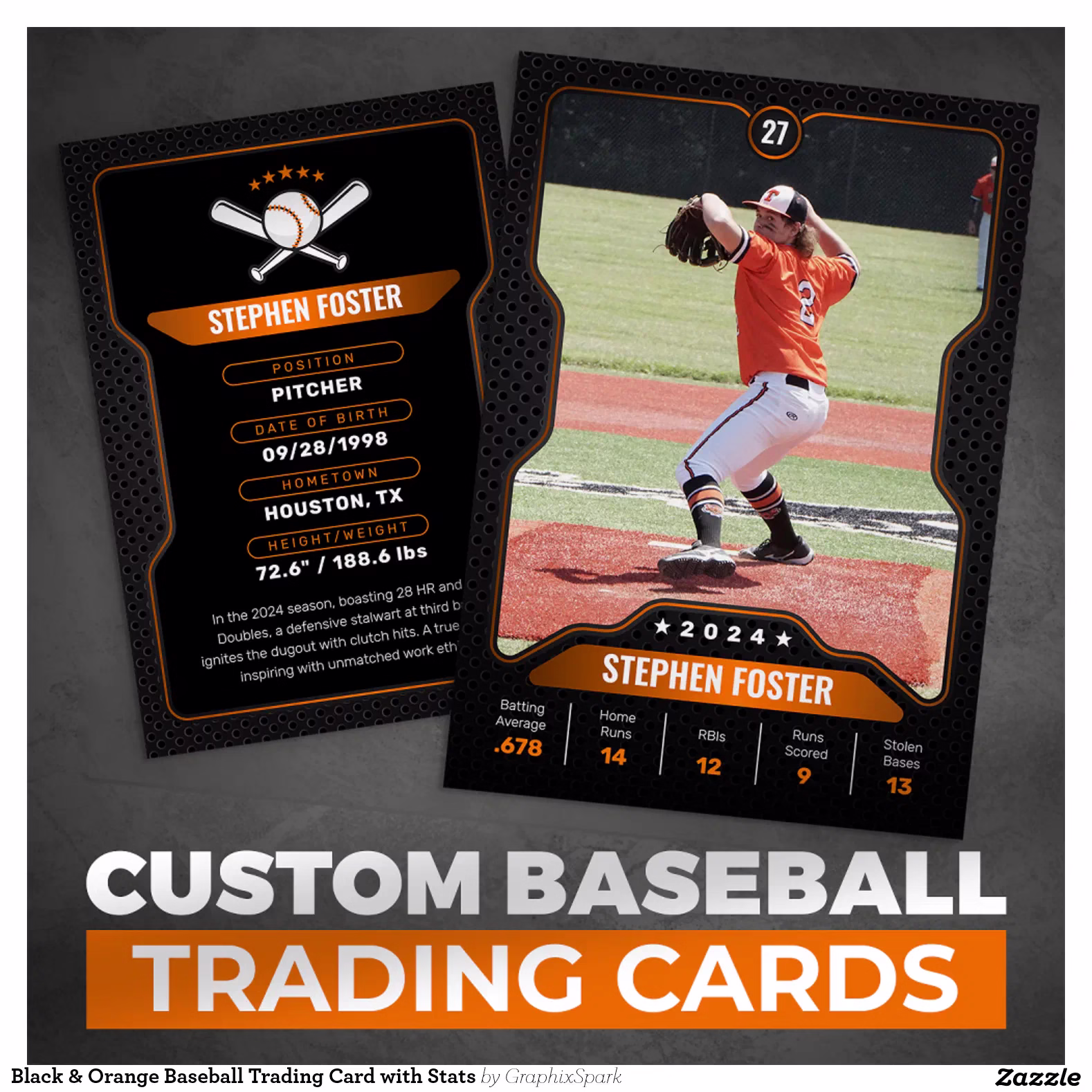 Black & Orange Baseball Trading Card with Stats