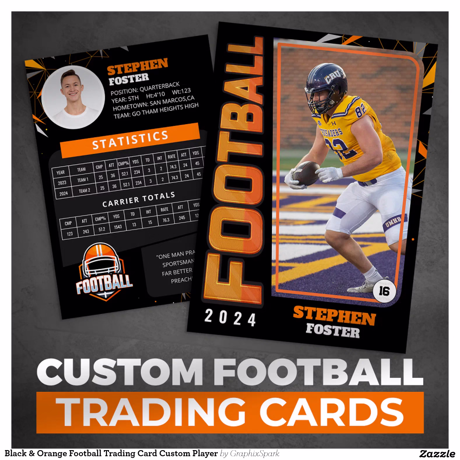 Black & Orange Football Trading Card Custom Player