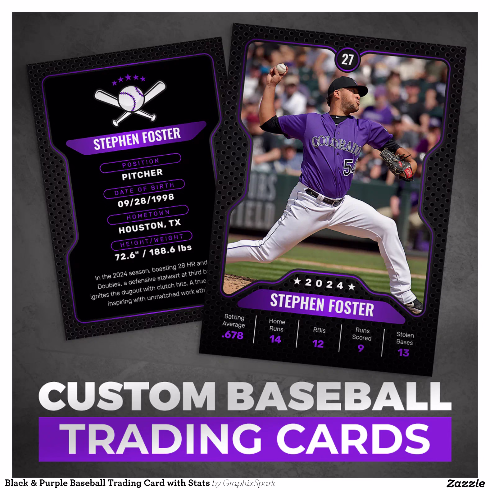 Black & Purple Baseball Trading Card with Stats