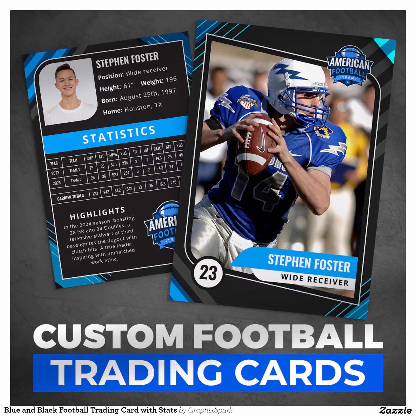 Blue and Black Football Trading Card with Stats
