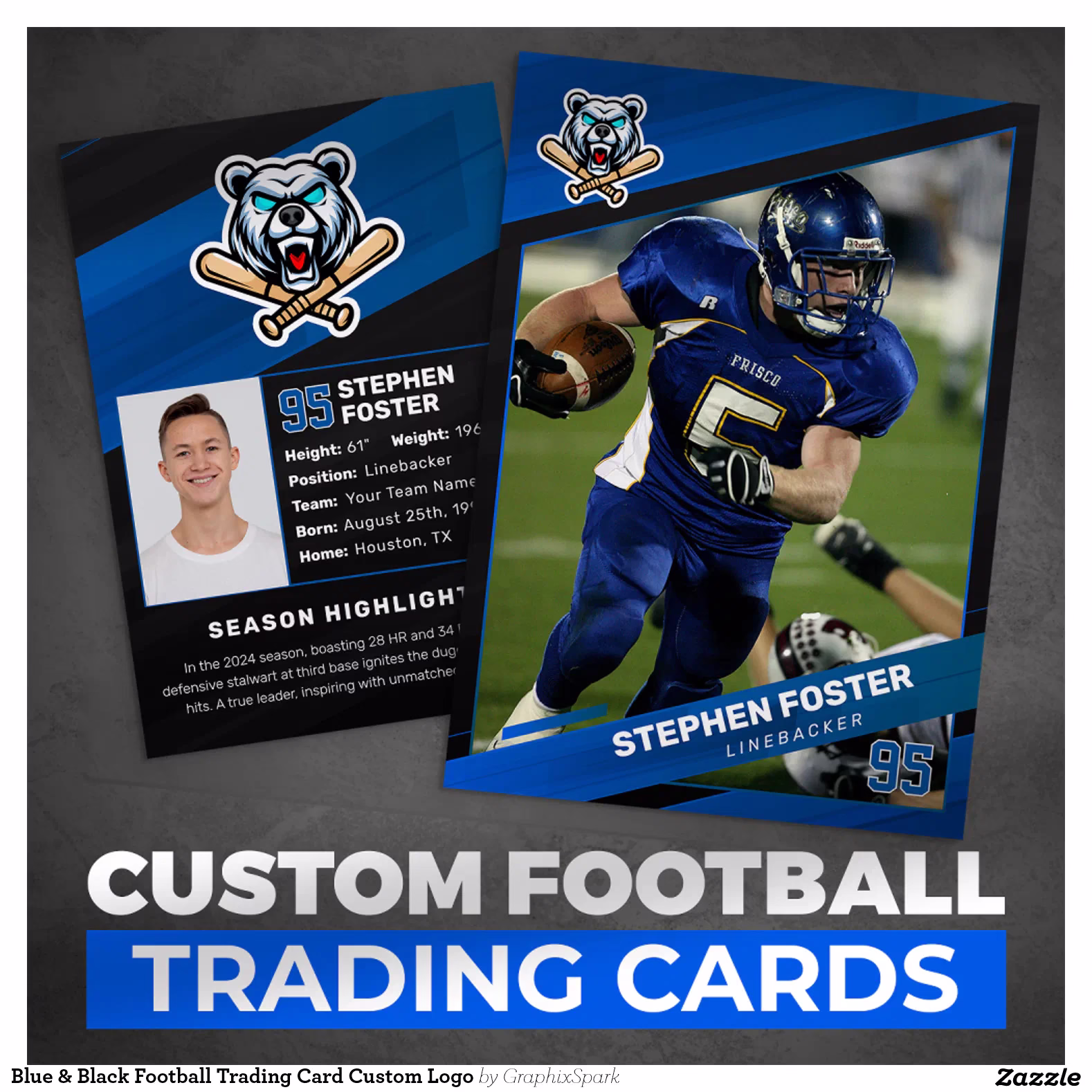 Blue & Black Football Trading Card Custom Logo