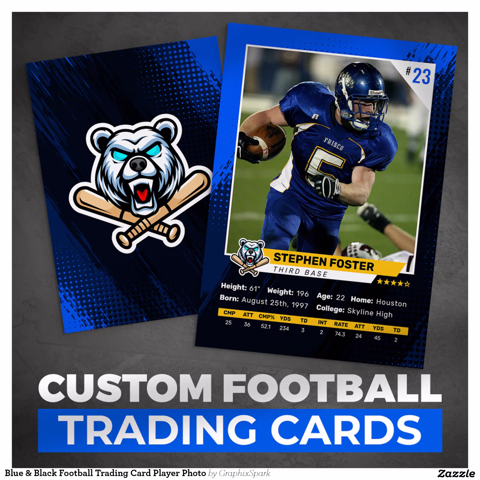Blue & Black Football Trading Card Player Photo