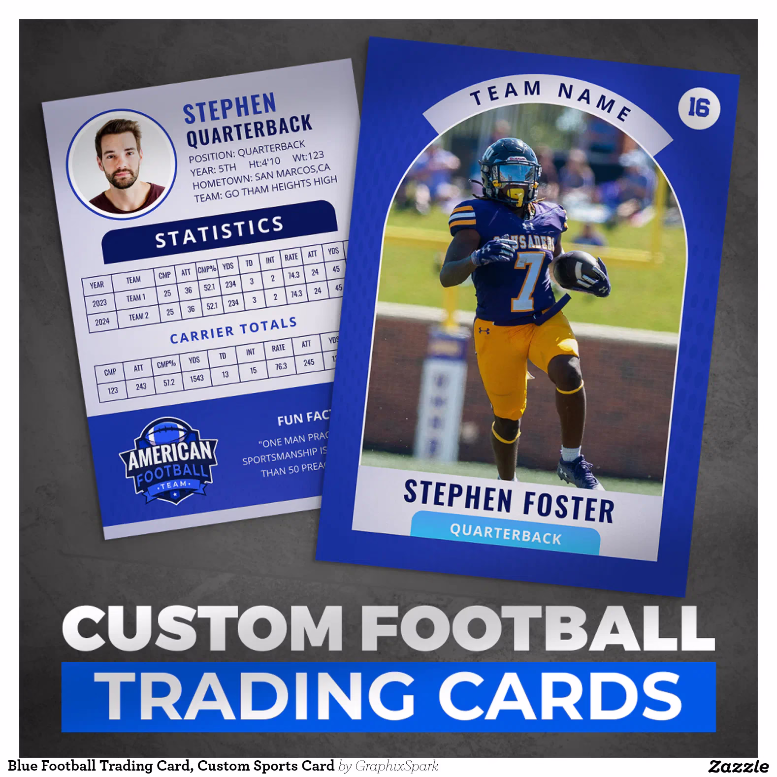 Blue Football Trading Card, Custom Sports Card