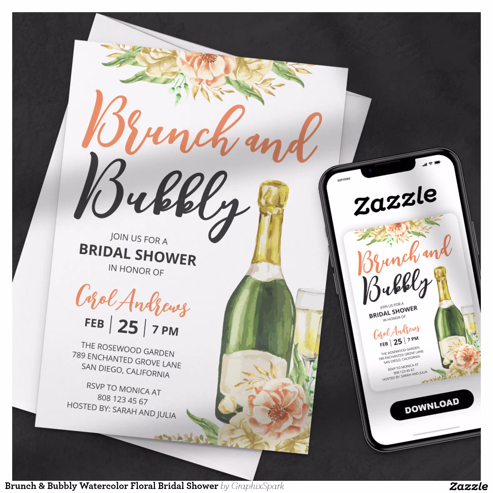 Brunch & Bubbly Watercolor Floral Bridal Shower Invitation