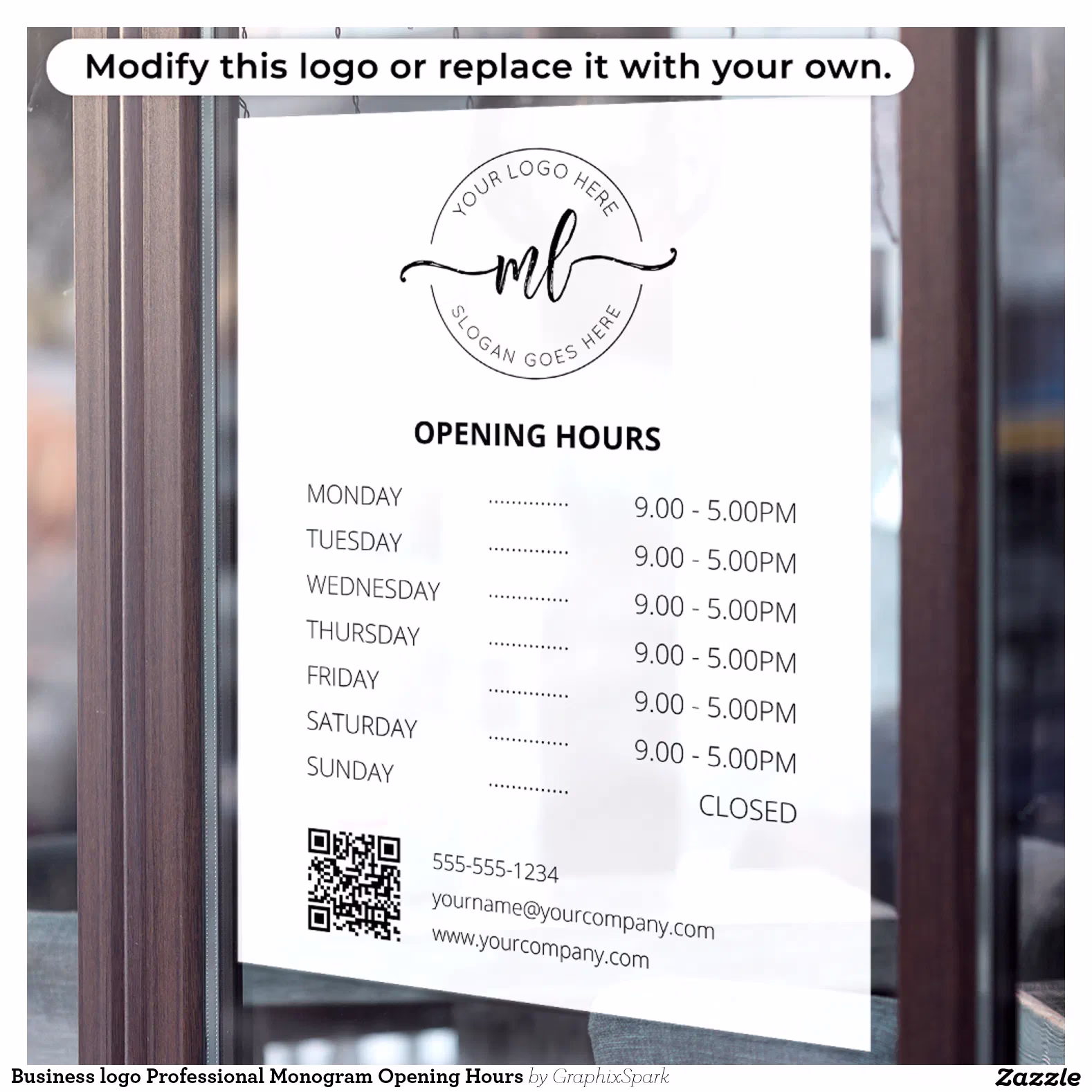 Business logo Professional Monogram Opening Hours Window Cling