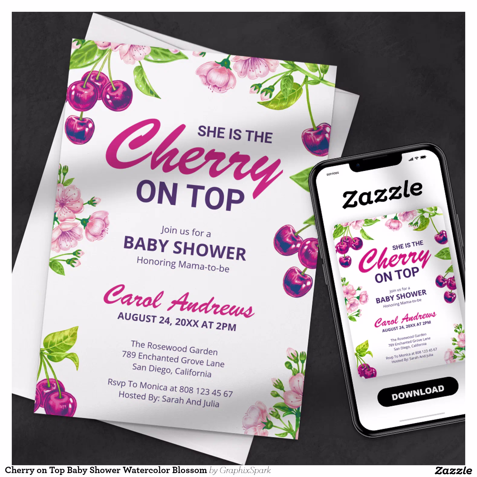 Cherry on Top Baby Shower Watercolor Blossom Invitation