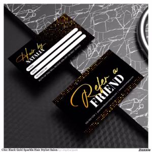 Chic Black Gold Sparkle Hair Stylist Salon Referral Card