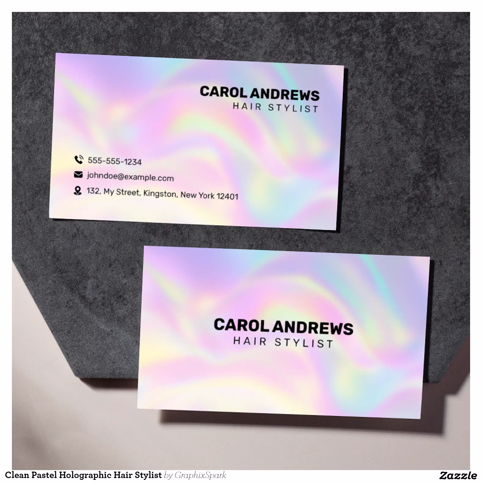 Clean Pastel Holographic Hair Stylist Business Card