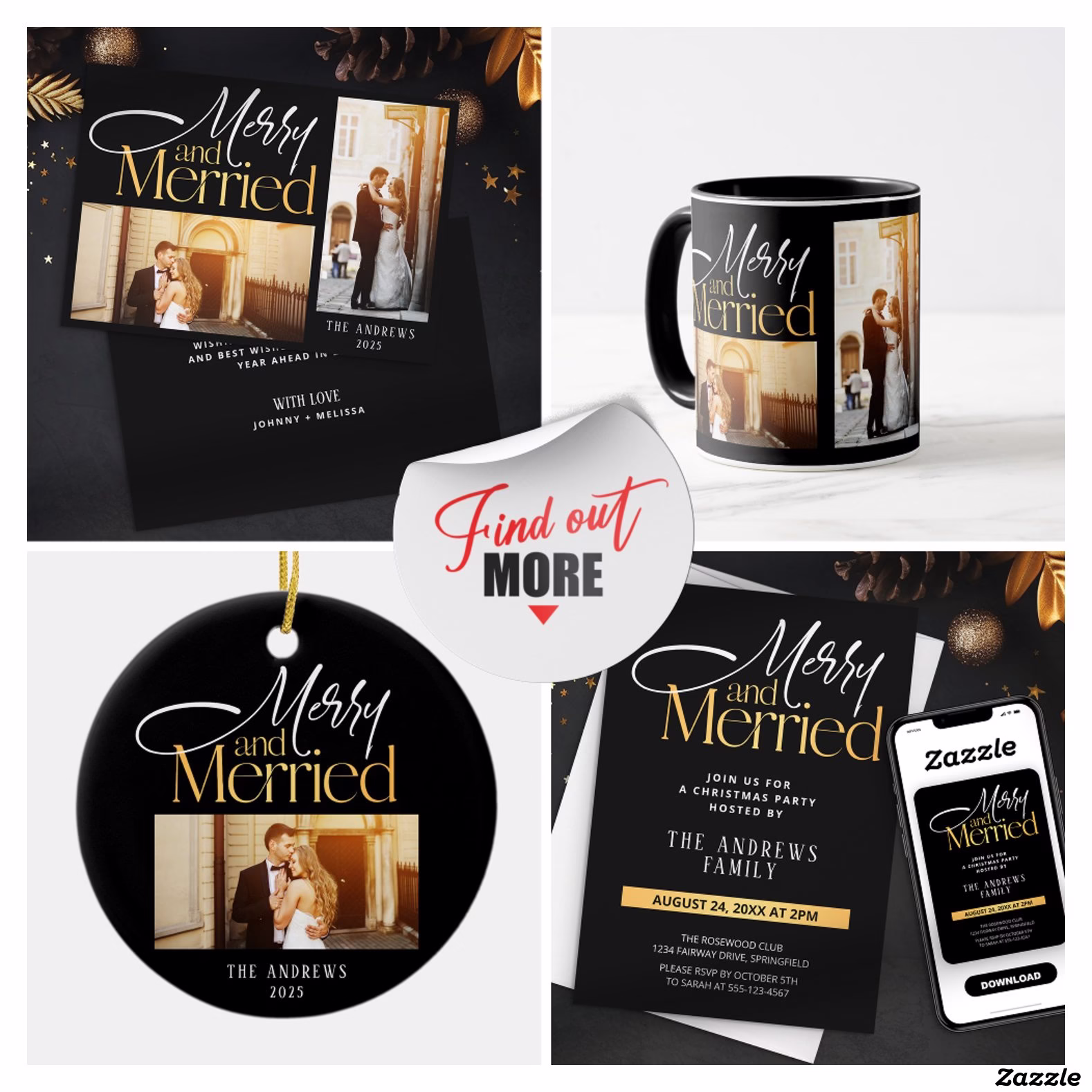 Merry & Married Newlyweds Black Gold Christmas  Label