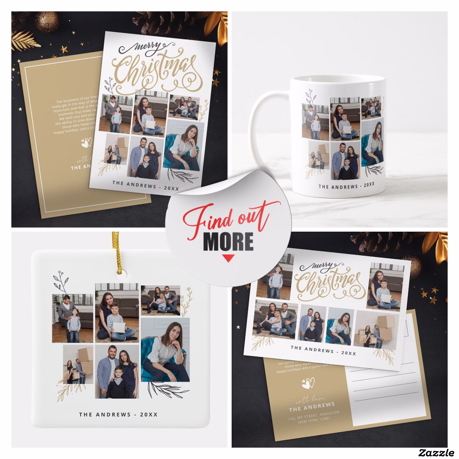 Modern Family Collage Photo Christmas Typography Classic Round Sticker