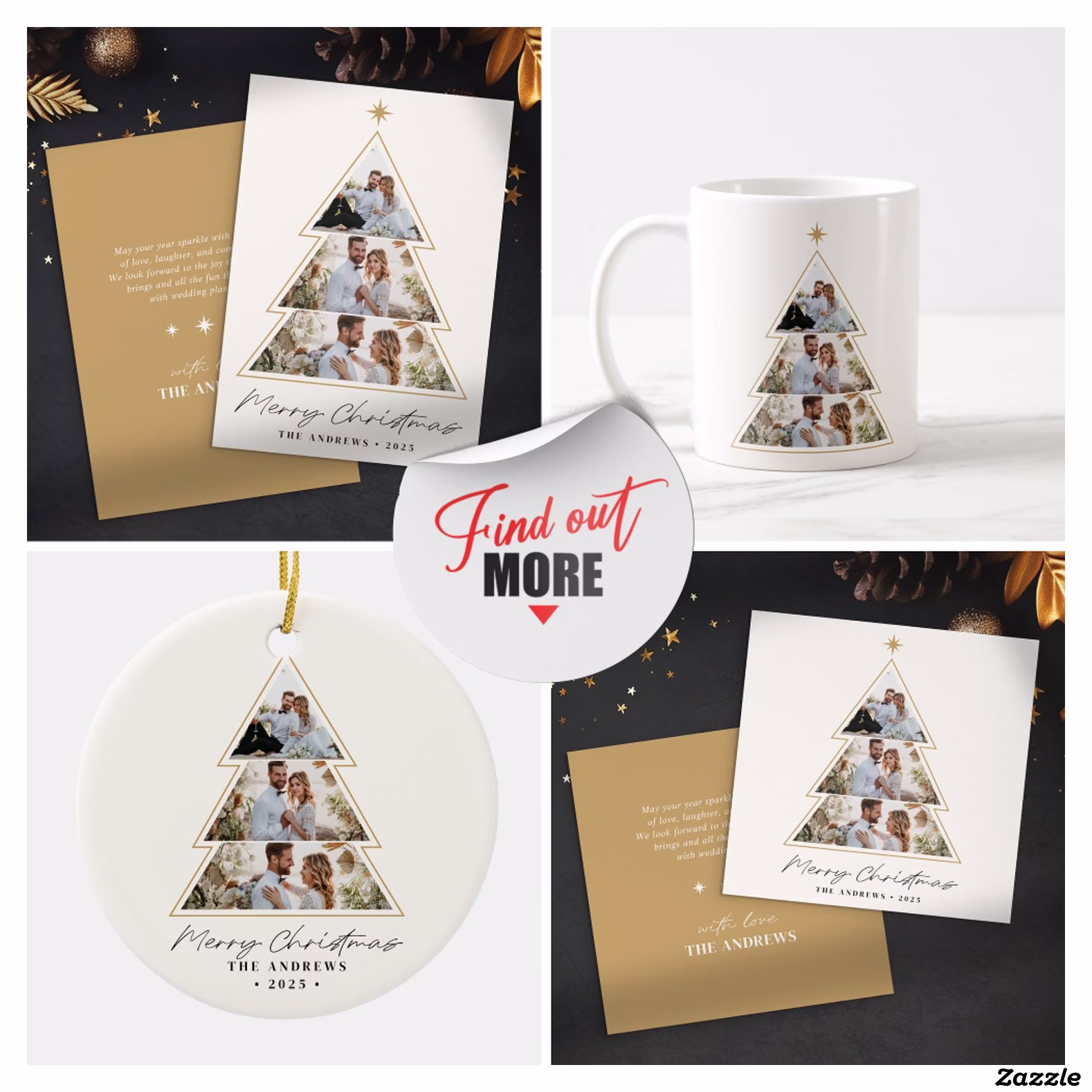 Modern Minimalist Christmas Tree Photo Collage Classic Round Sticker