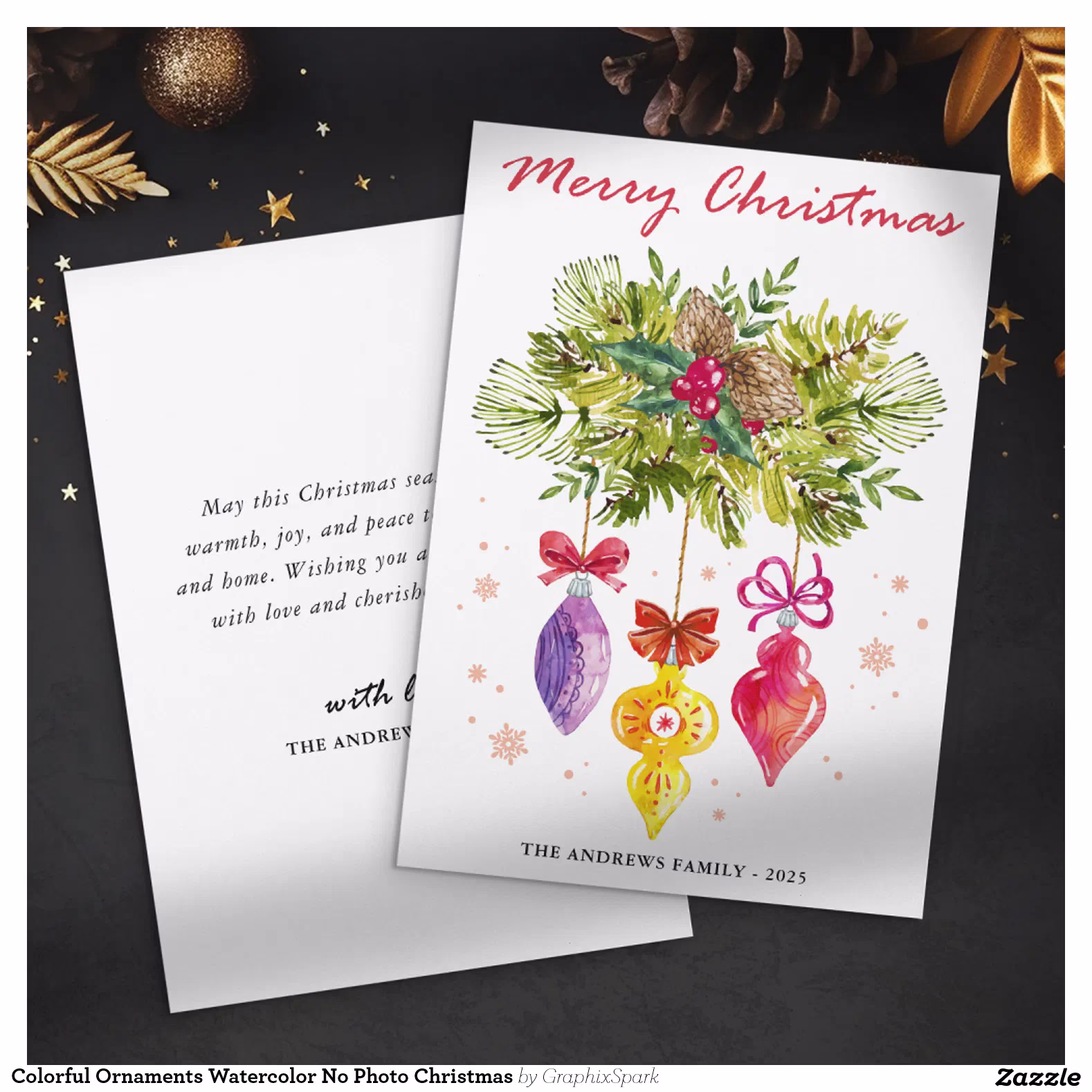 Colorful Ornaments Watercolor No Photo Christmas Holiday Card