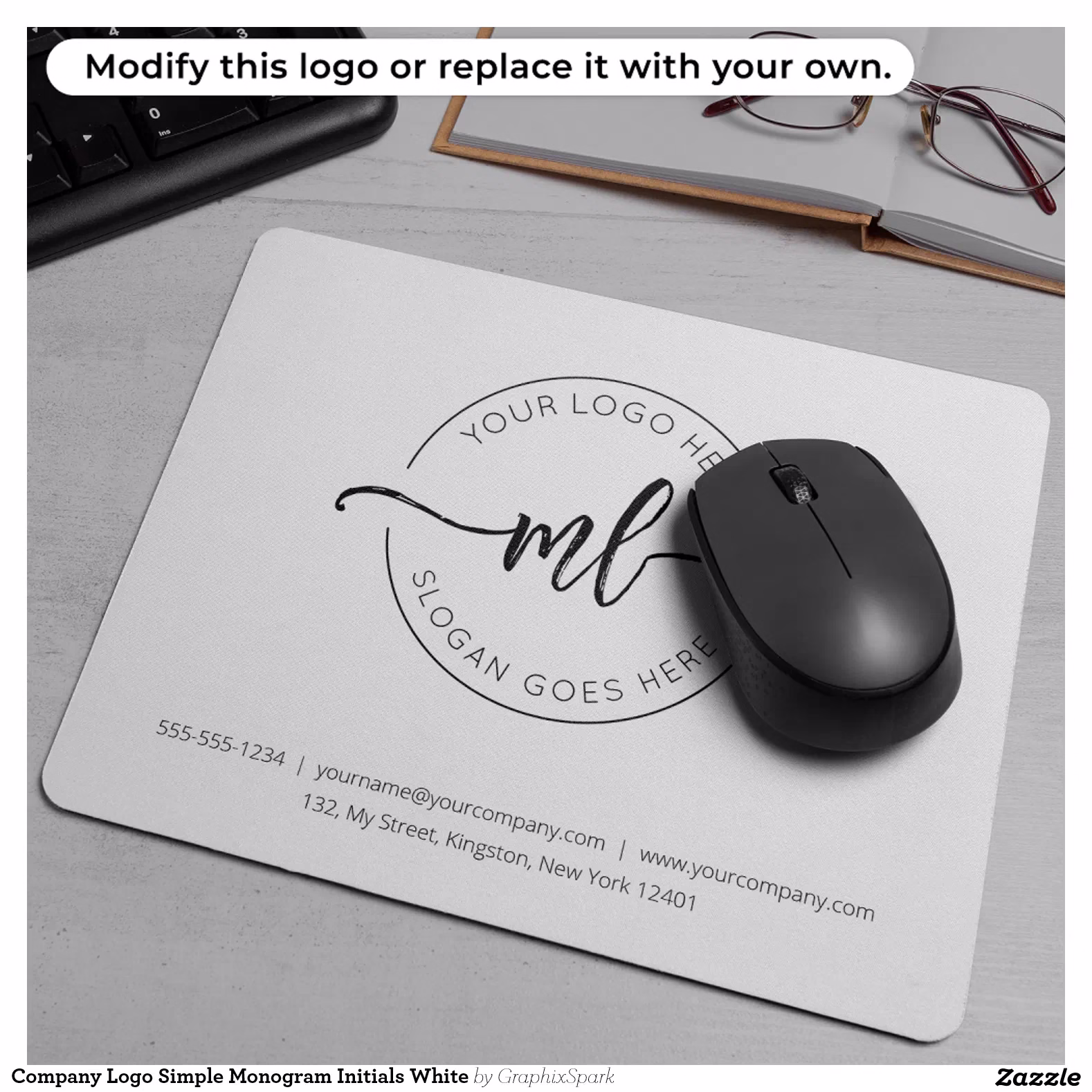 Company Logo Simple Monogram Initials White Mouse Pad