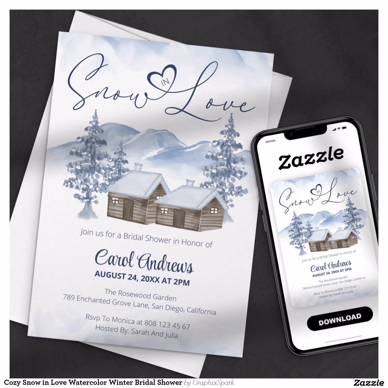Cozy Snow in Love Watercolor Winter Bridal Shower Invitation