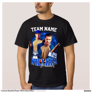 Custom Baseball Player Photo Black Blue T-Shirt