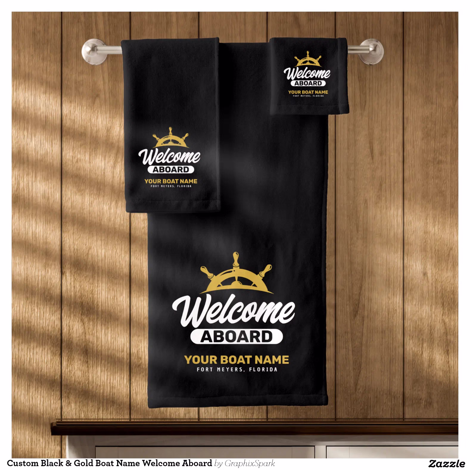 Custom Black & Gold Boat Name Welcome Aboard Bath Towel Set