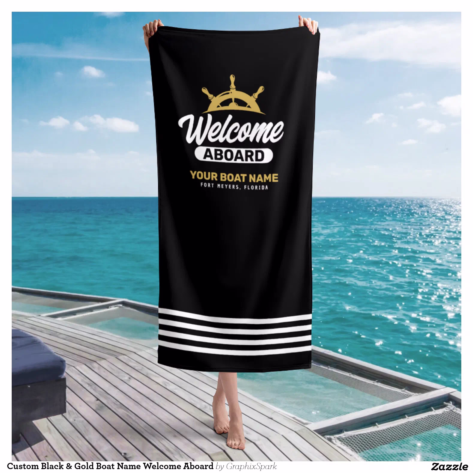 Custom Black & Gold Boat Name Welcome Aboard Beach Towel