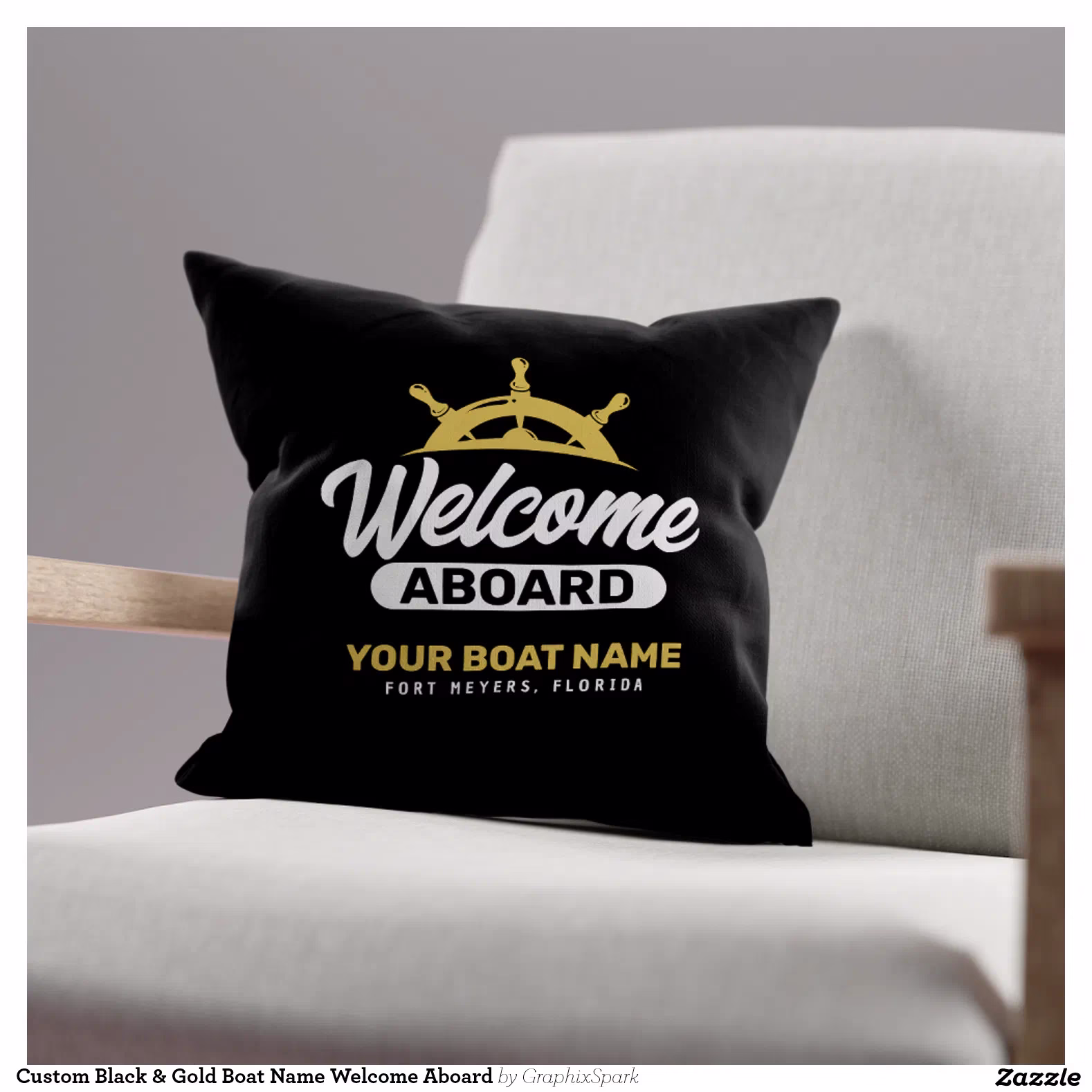 Custom Black & Gold Boat Name Welcome Aboard Throw Pillow