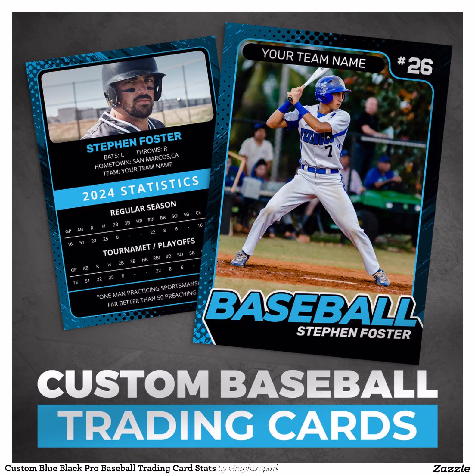 Custom Blue Black Pro Baseball Trading Card Stats