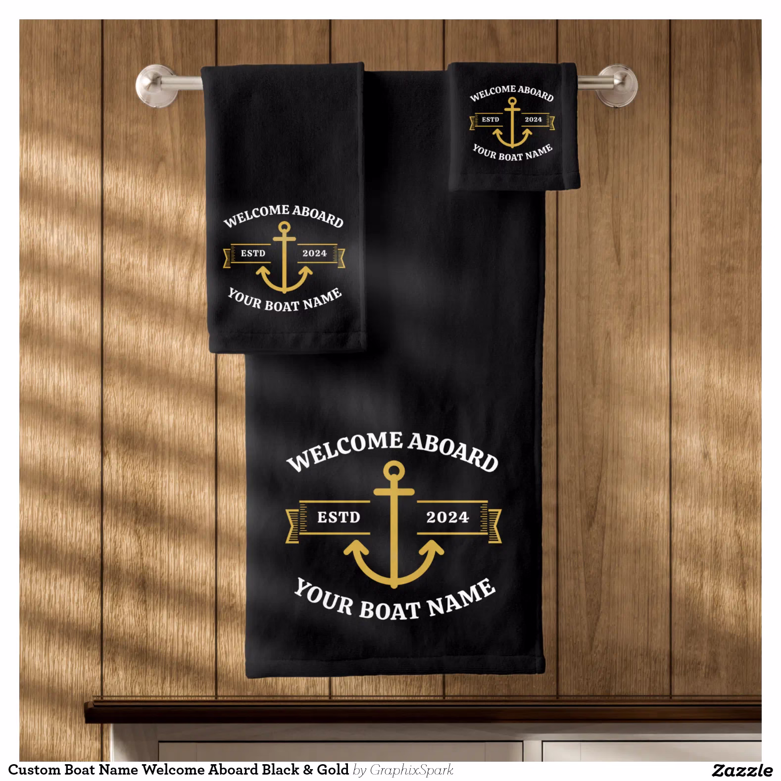 Custom Boat Name Welcome Aboard Black & Gold Bath Towel Set
