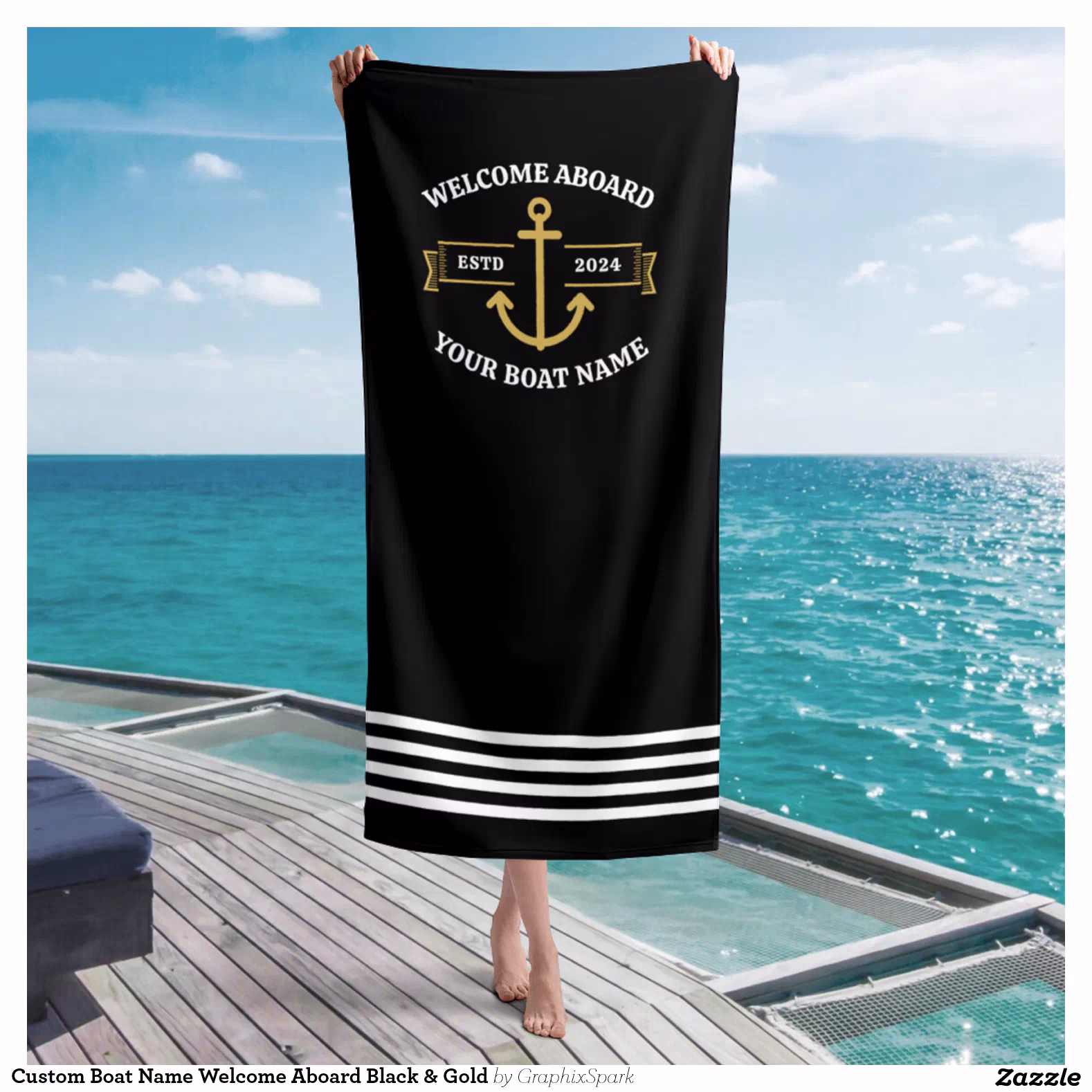 Custom Boat Name Welcome Aboard Black & Gold Beach Towel