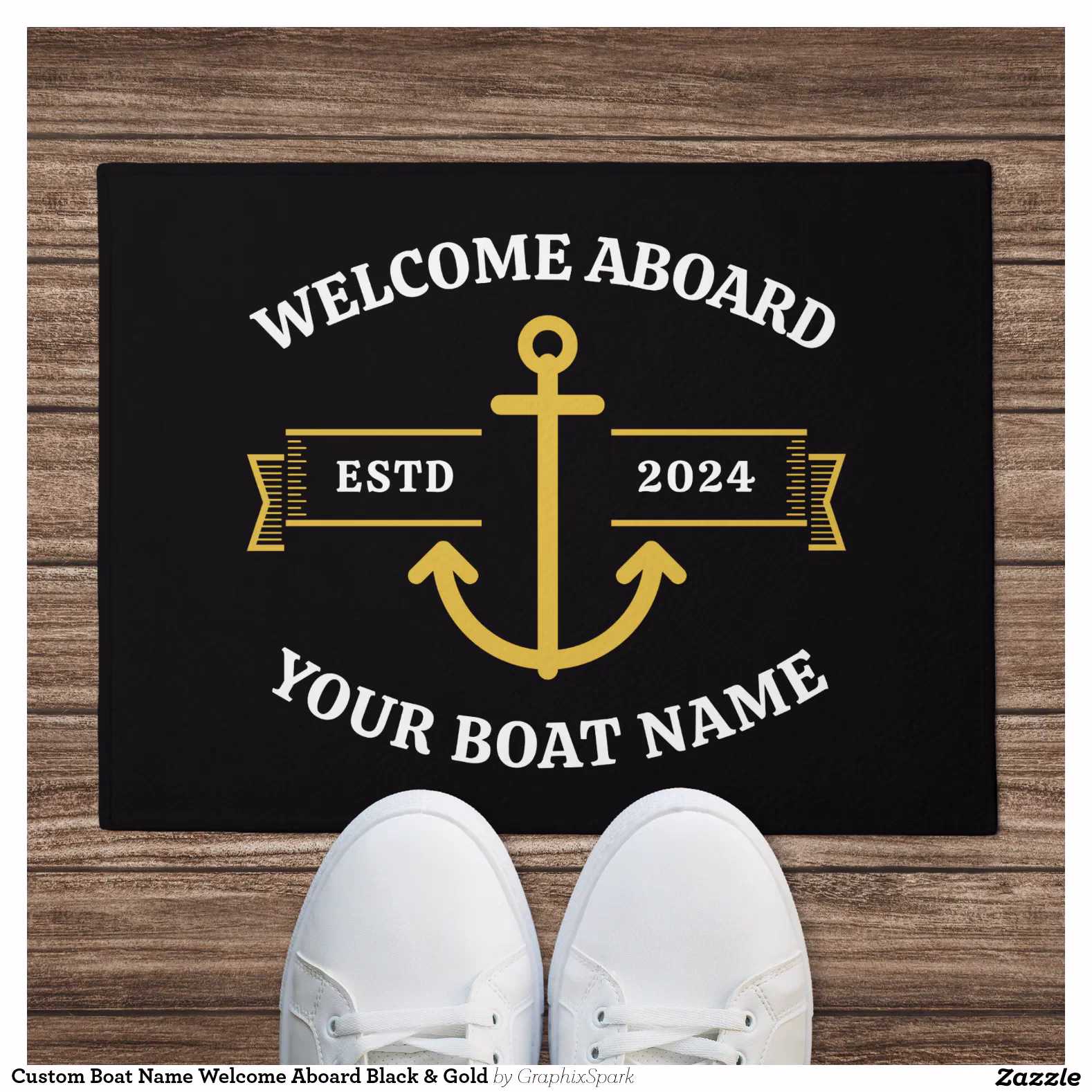 Custom Boat Name Welcome Aboard Black & Gold Doormat