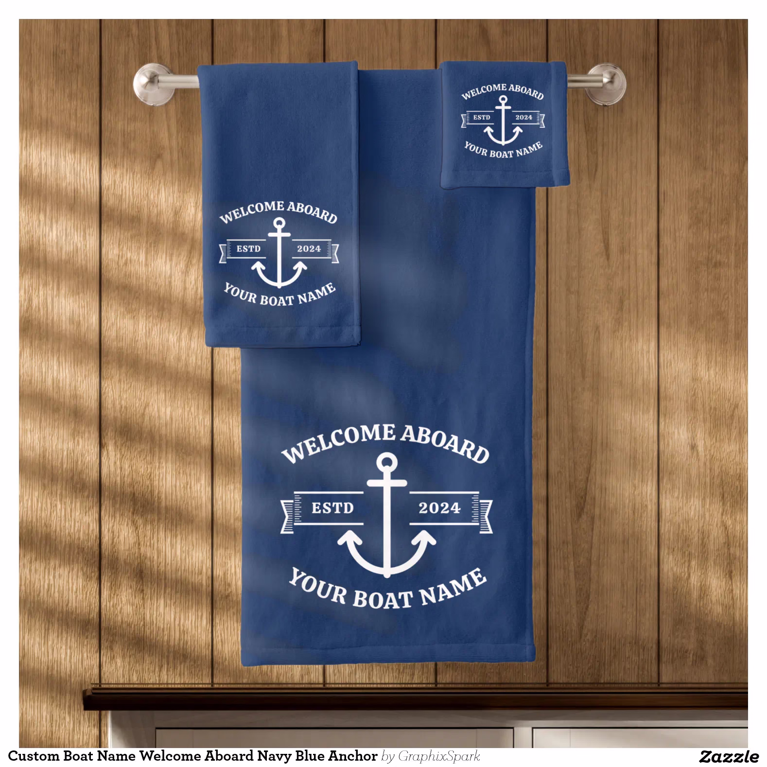 Custom Boat Name Welcome Aboard Navy Blue Anchor Bath Towel Set