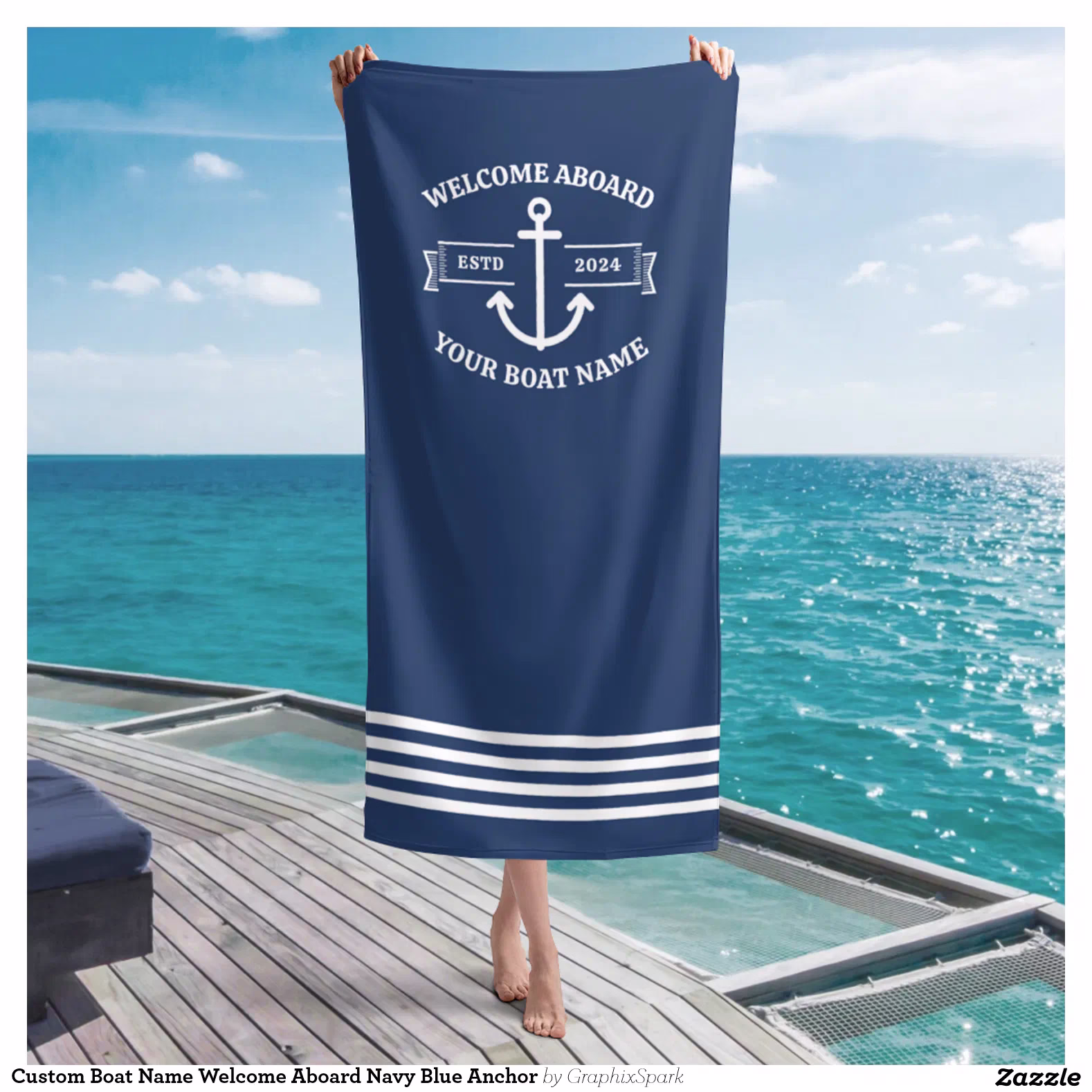 Custom Boat Name Welcome Aboard Navy Blue Anchor Beach Towel
