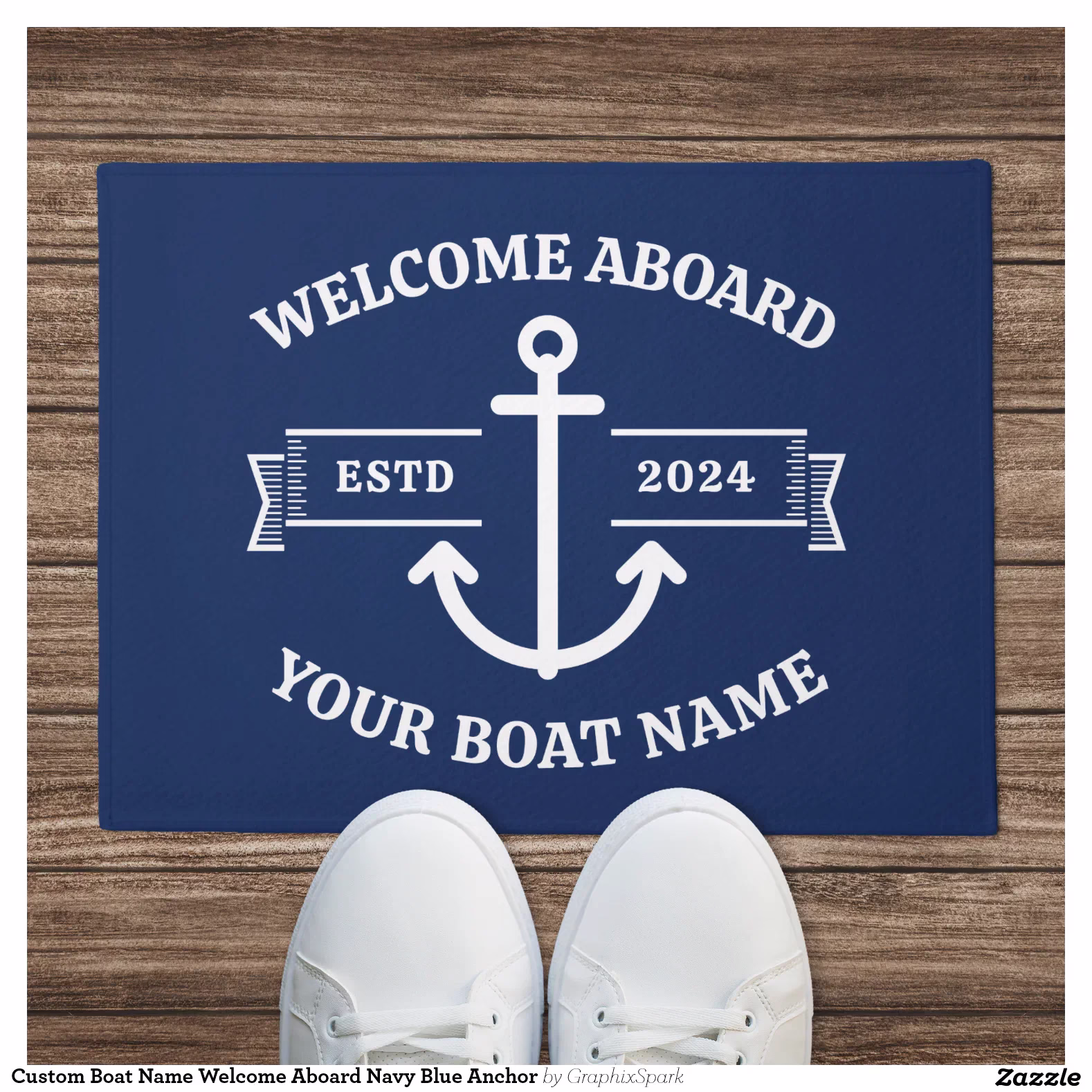 Custom Boat Name Welcome Aboard Navy Blue Anchor Doormat