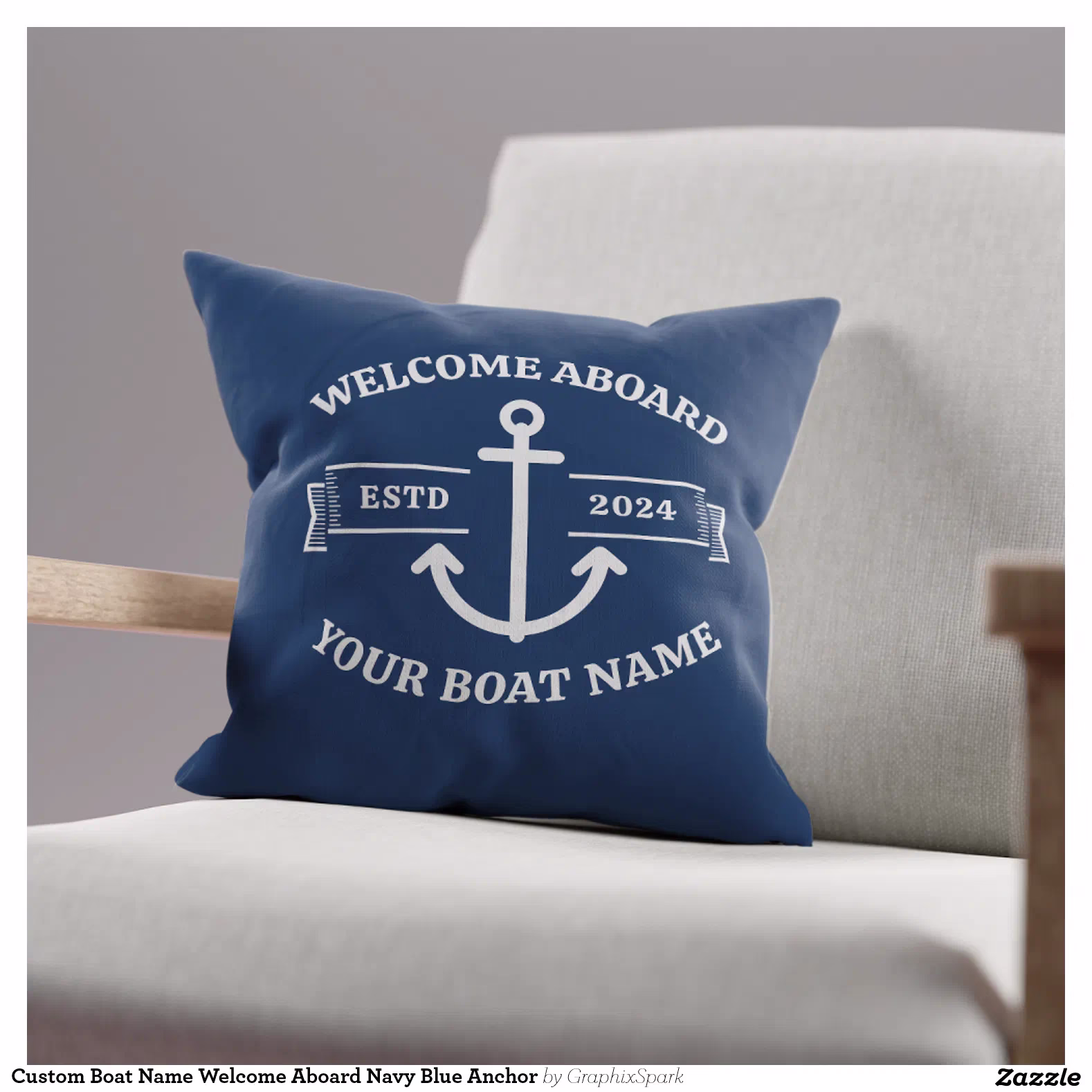 Custom Boat Name Welcome Aboard Navy Blue Anchor Throw Pillow