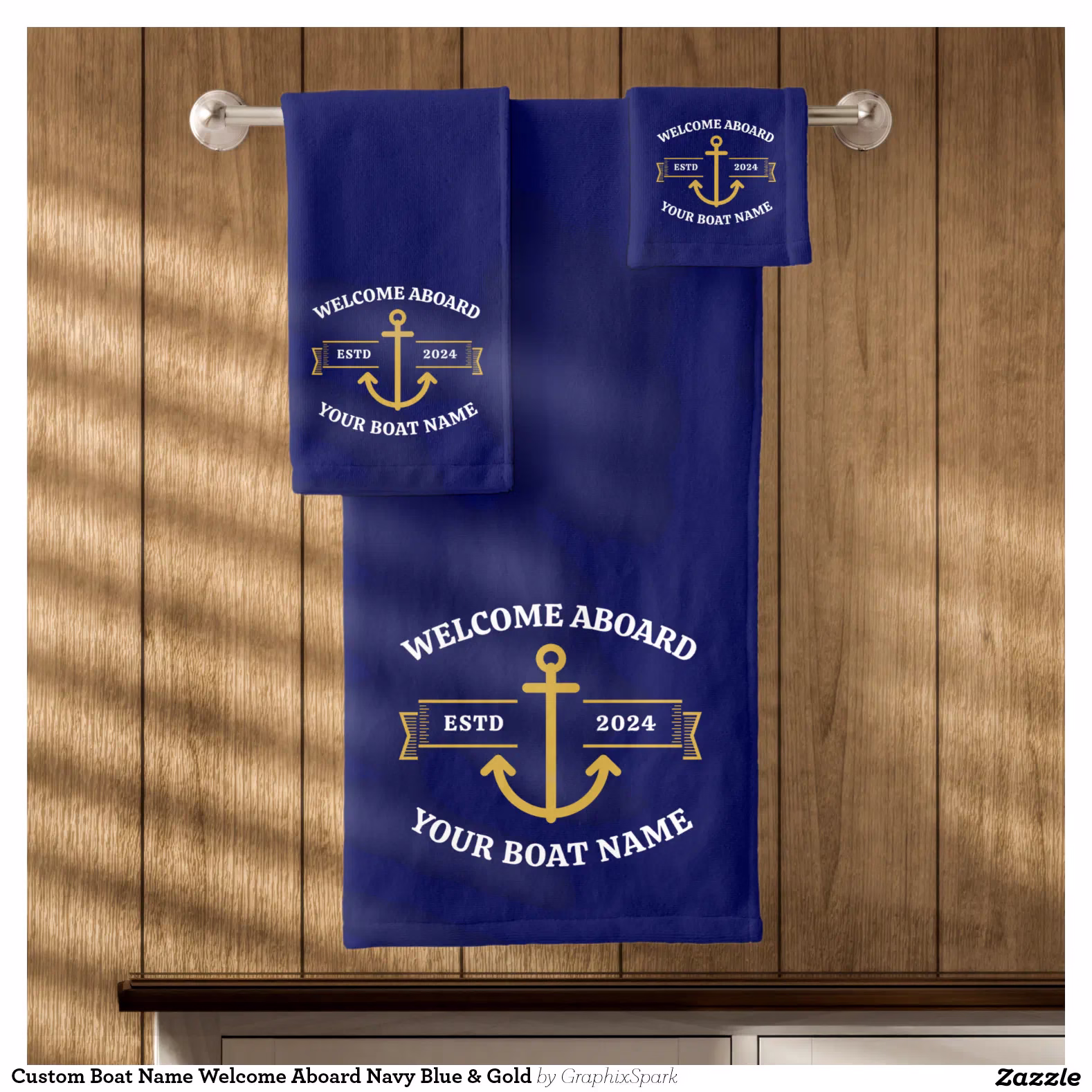 Custom Boat Name Welcome Aboard Navy Blue & Gold Bath Towel Set