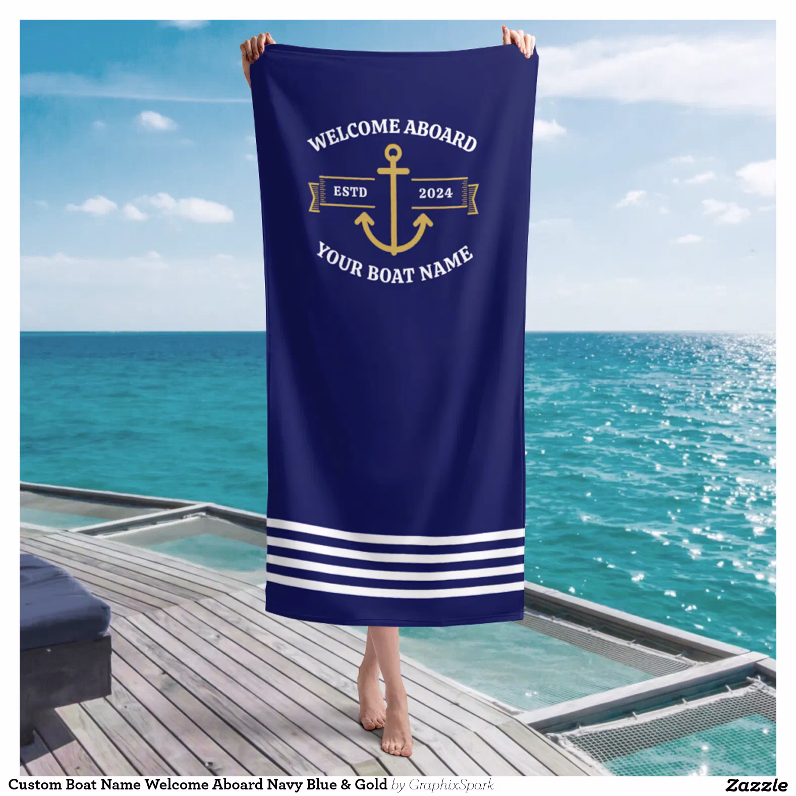 Custom Boat Name Welcome Aboard Navy Blue & Gold Beach Towel