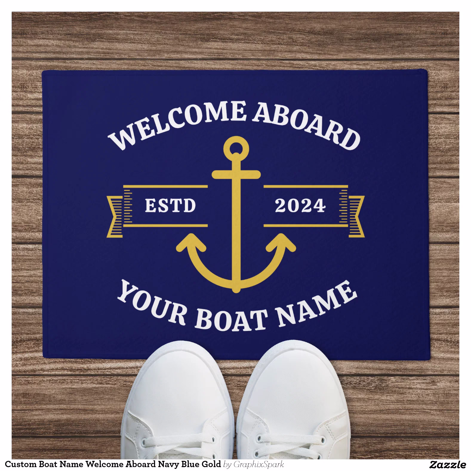 Custom Boat Name Welcome Aboard Navy Blue Gold Doormat