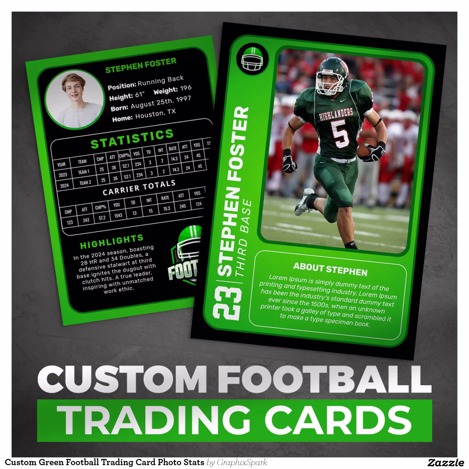 Custom Green Football Trading Card Photo Stats